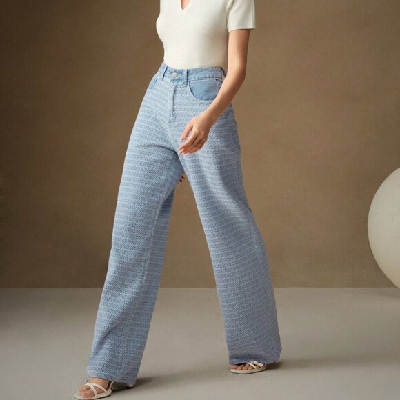 Blue Casual Women's Jacquard Weave Wide Leg Loose Fit Jeans - Picture 7 of 7